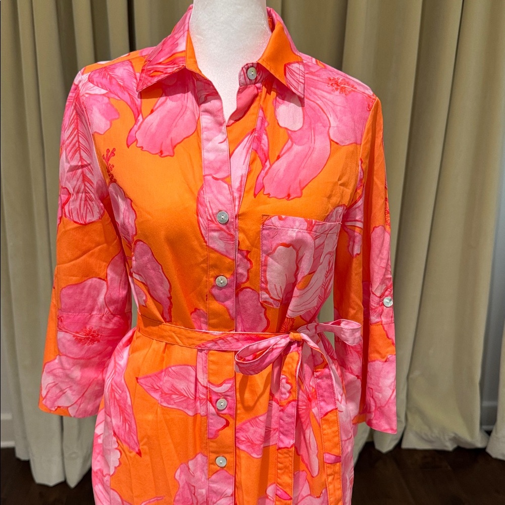 Finley - Women’s Alex Long Midi Shirt Dress Orange & Pink Floral - Size: XS - Picture 3 of 9